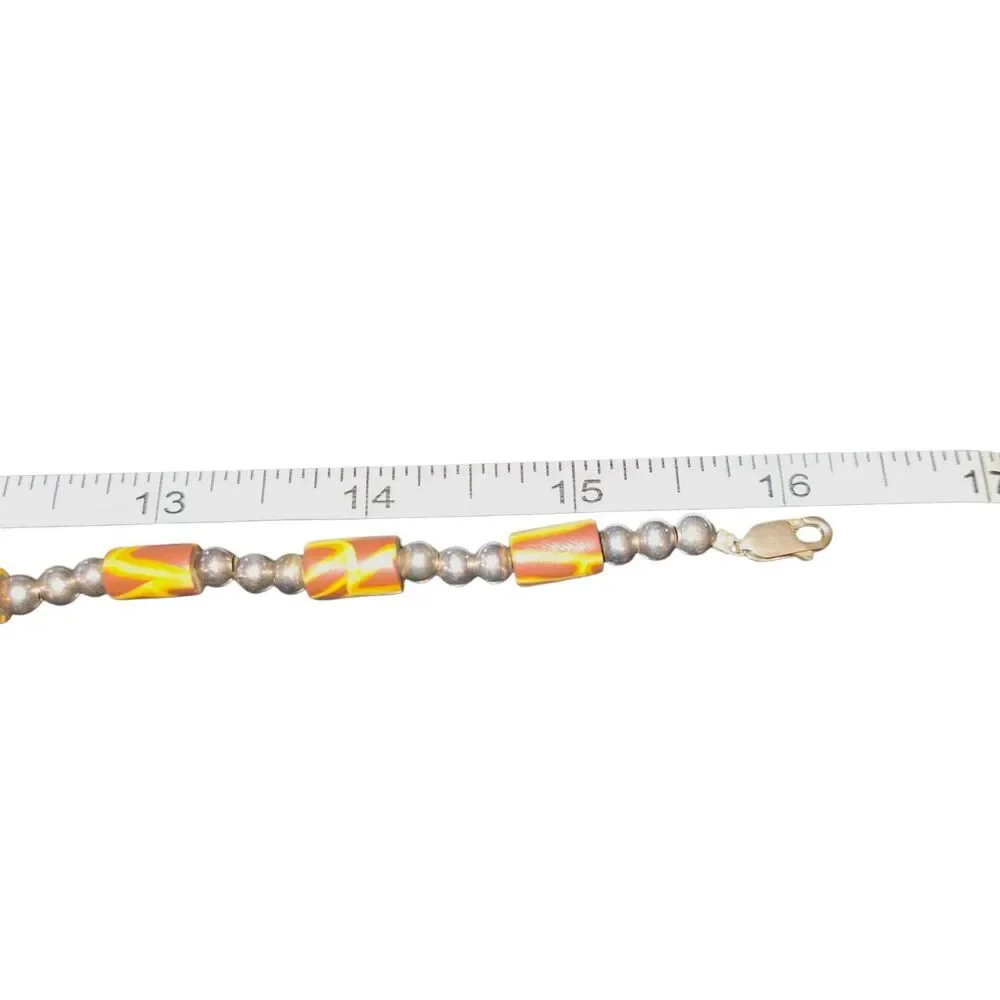 Giraffe Print Cylindrical Bead & 925 Sterling‎ Silver Bead Station Necklace 16